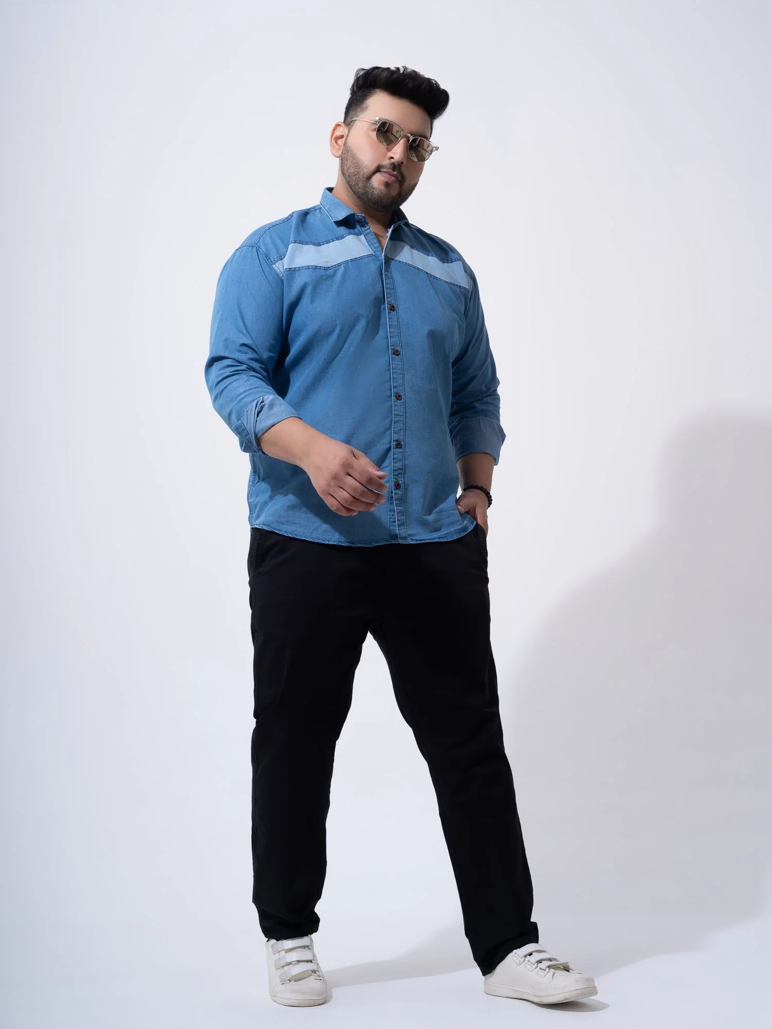Vintage Colour Block Denim Cotton Plus Size Shirt - Image 6