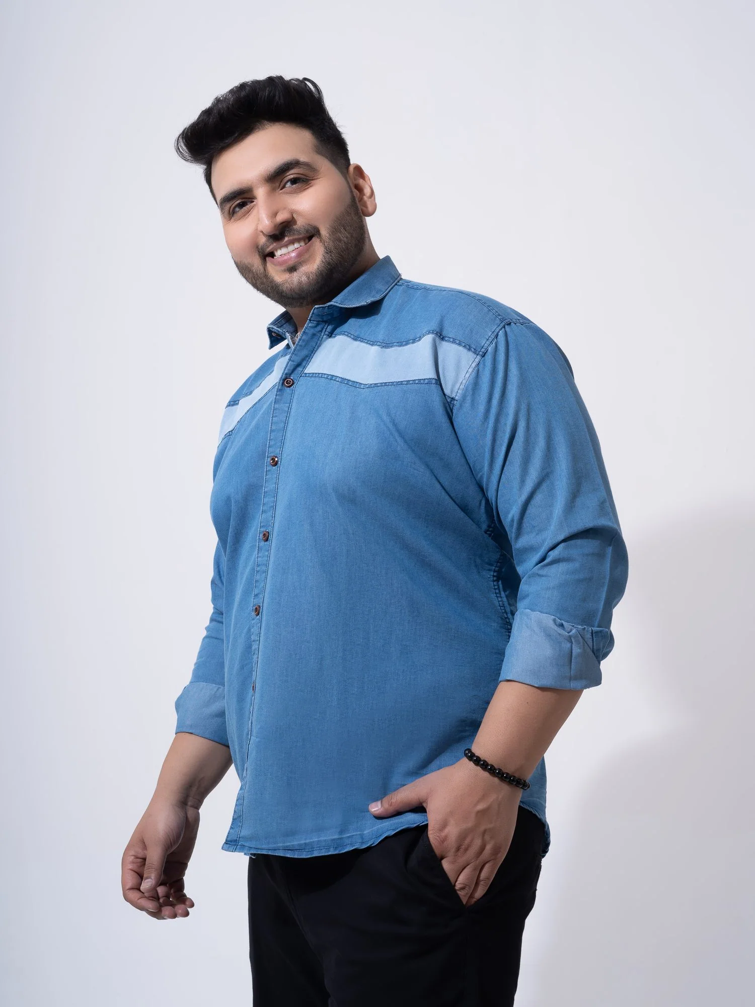 Vintage Colour Block Denim Cotton Plus Size Shirt - Image 7