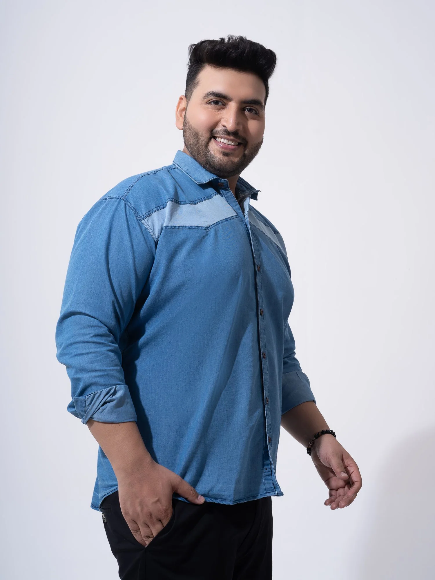 Vintage Colour Block Denim Cotton Plus Size Shirt - Image 9
