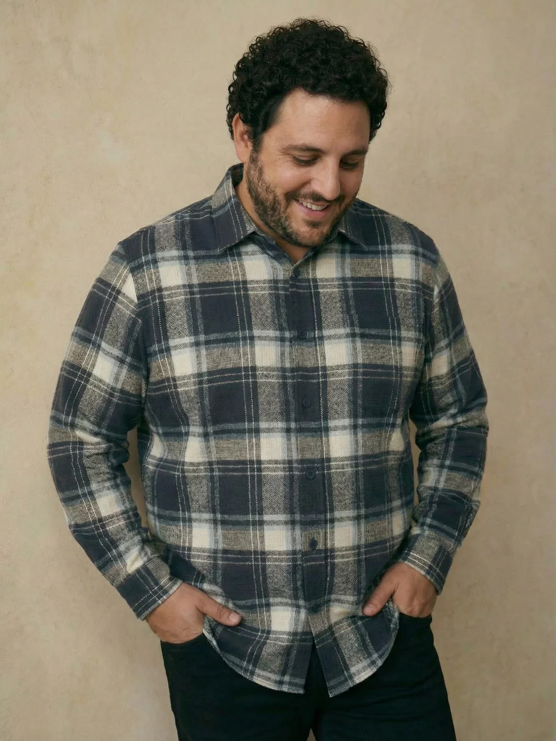 Waffle Navy Cotton Full Sleeve Plus Size Shirt - Image 2