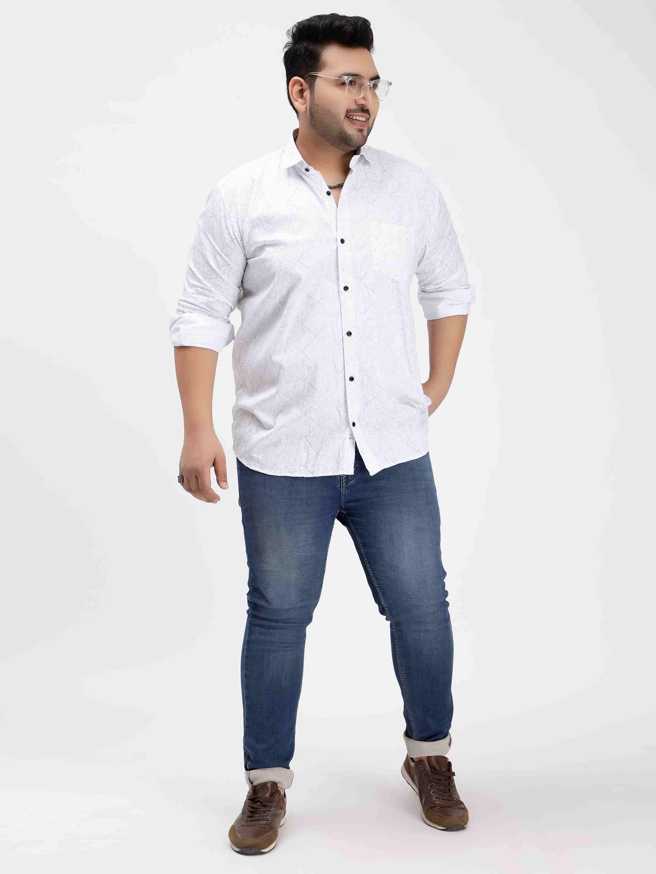 White Geometric Print Cotton Shirt - Image 3