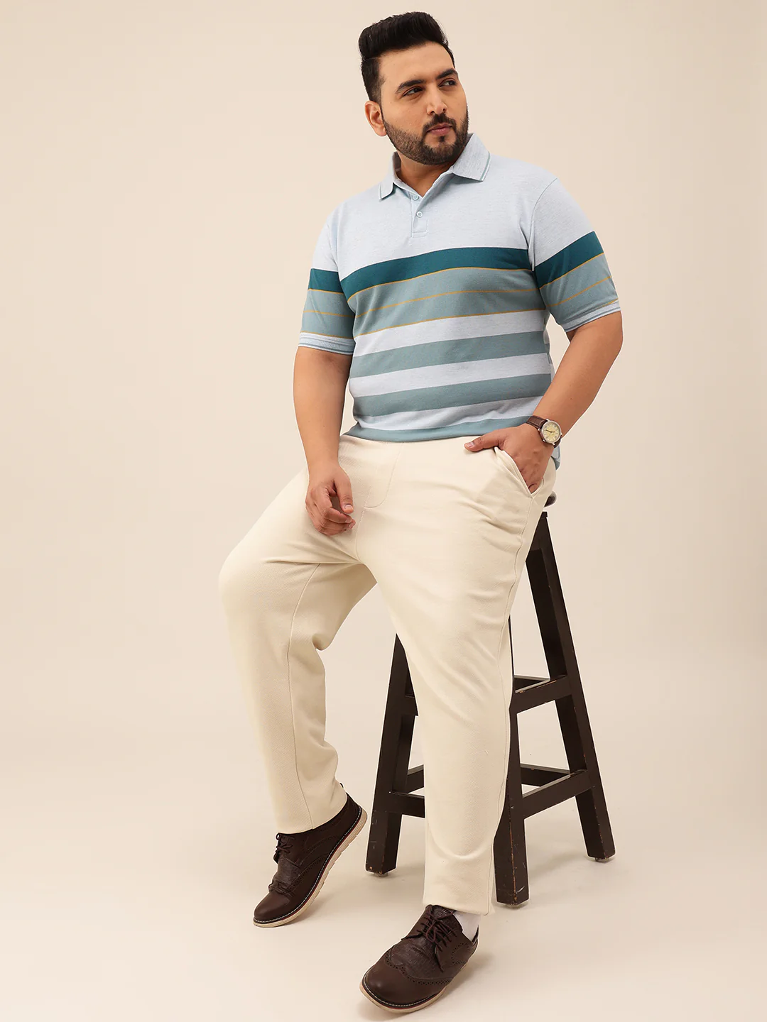 Blue Melange Golden Stripe Polo T-shirt - Image 2