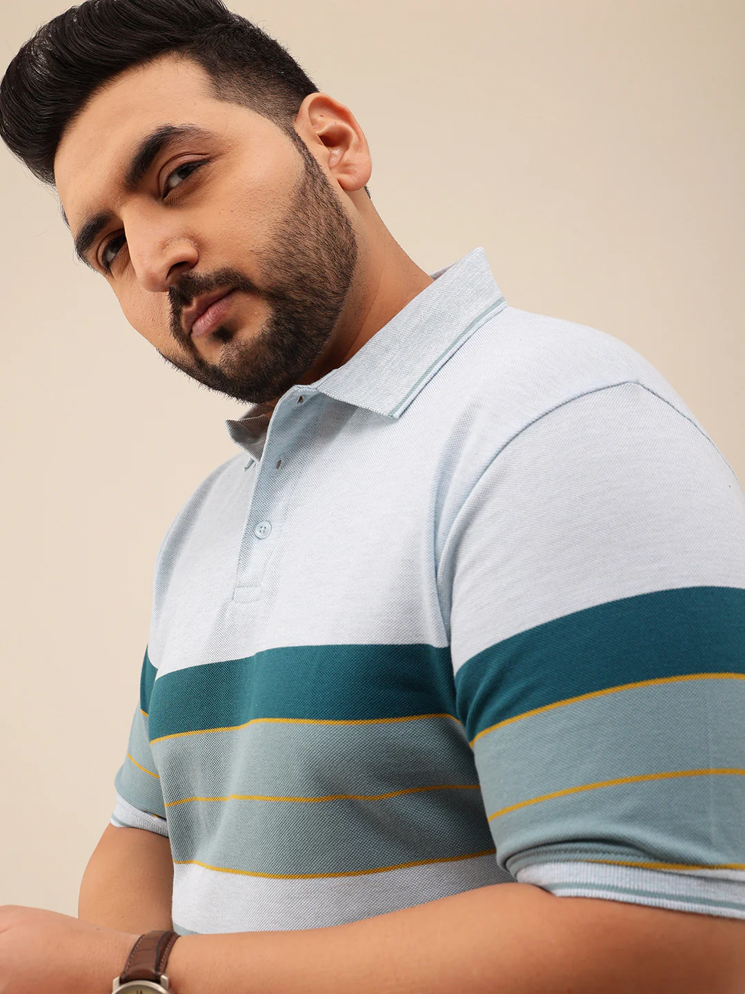 Blue Melange Golden Stripe Polo T-shirt - Image 3