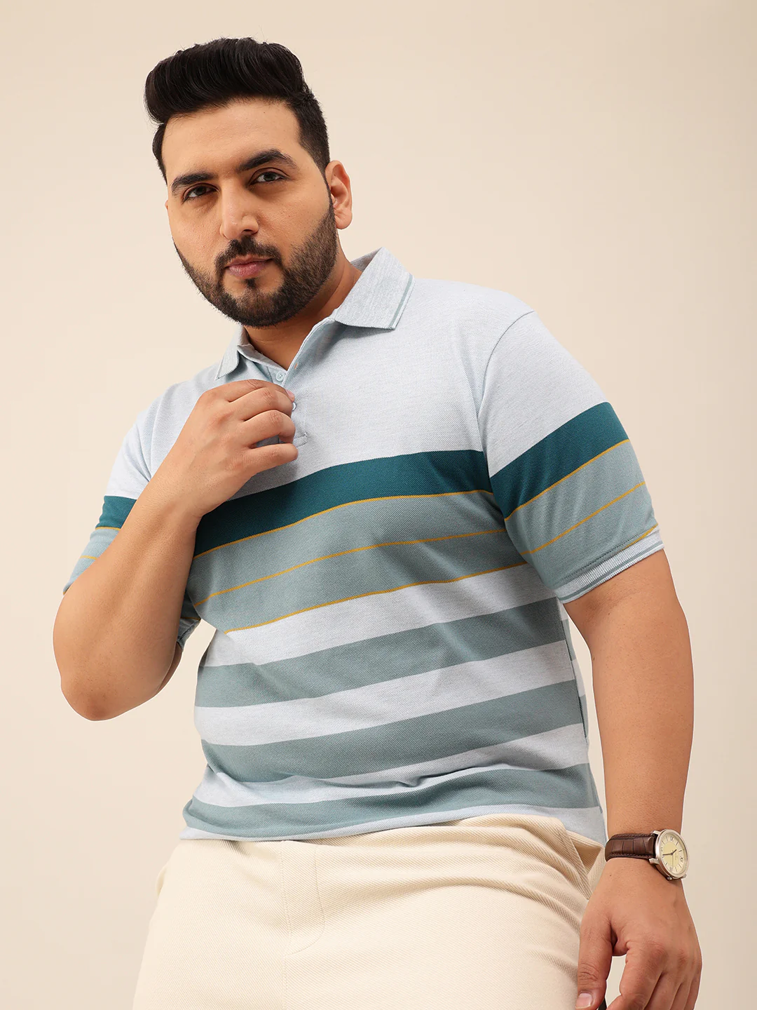 Blue Melange Golden Stripe Polo T-shirt - Image 4