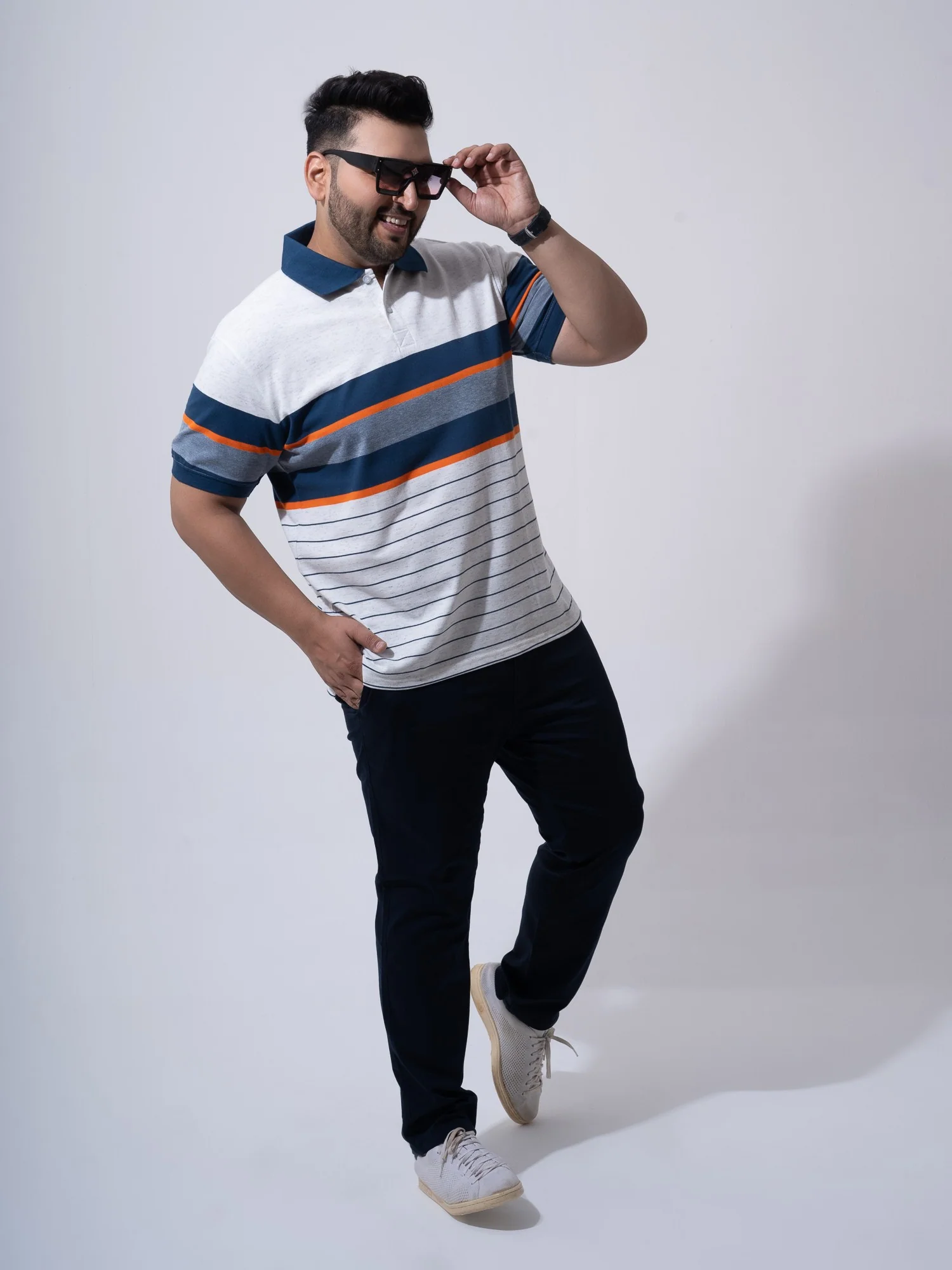 White Melange Striped Polo T-shirt - Image 2
