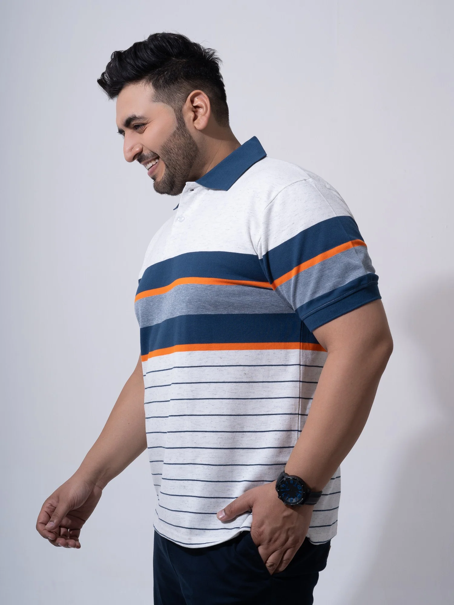 White Melange Striped Polo T-shirt - Image 3