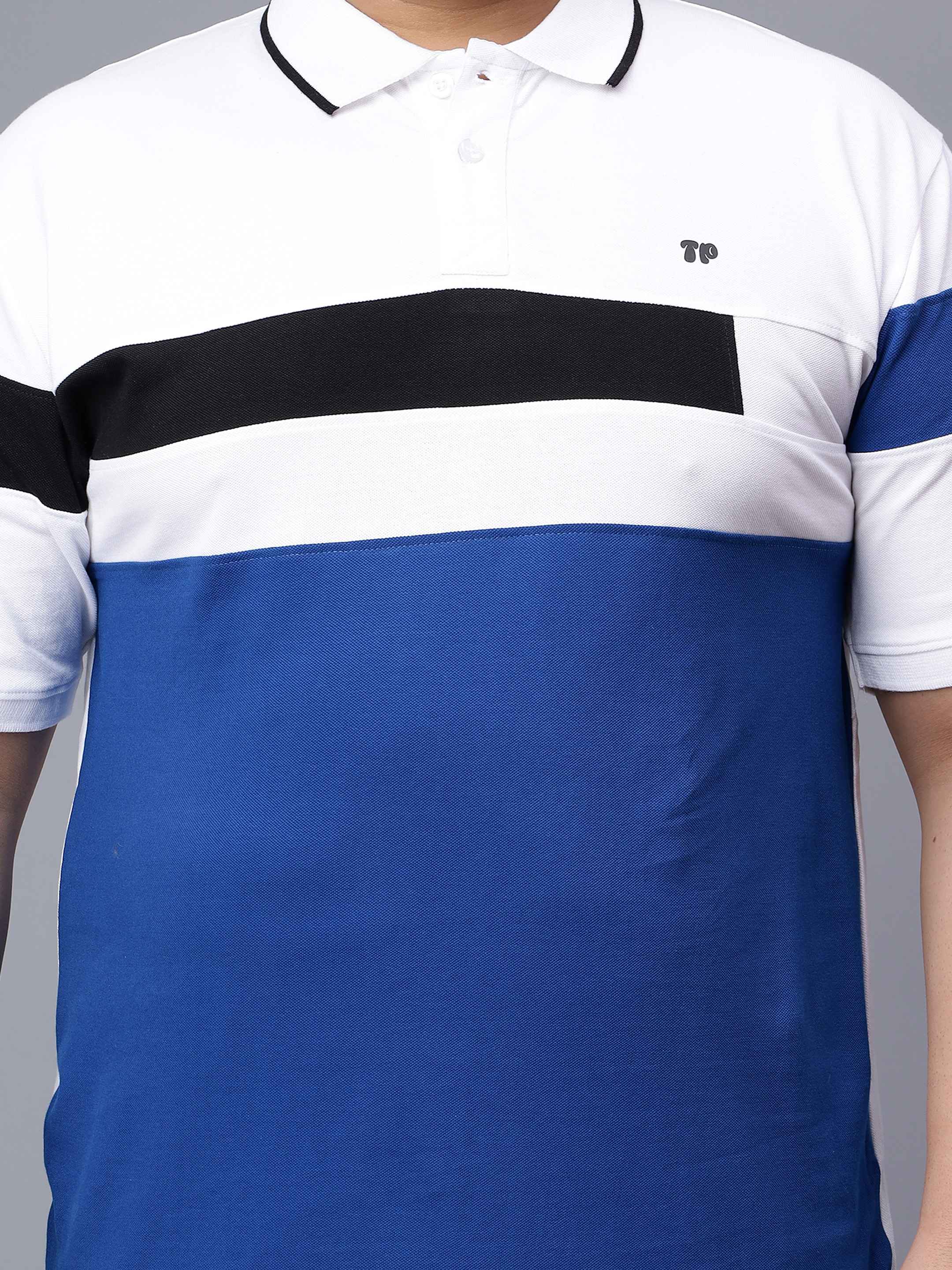 White with Royal Blue Striped Plus Size Polo T-shirt - Image 3