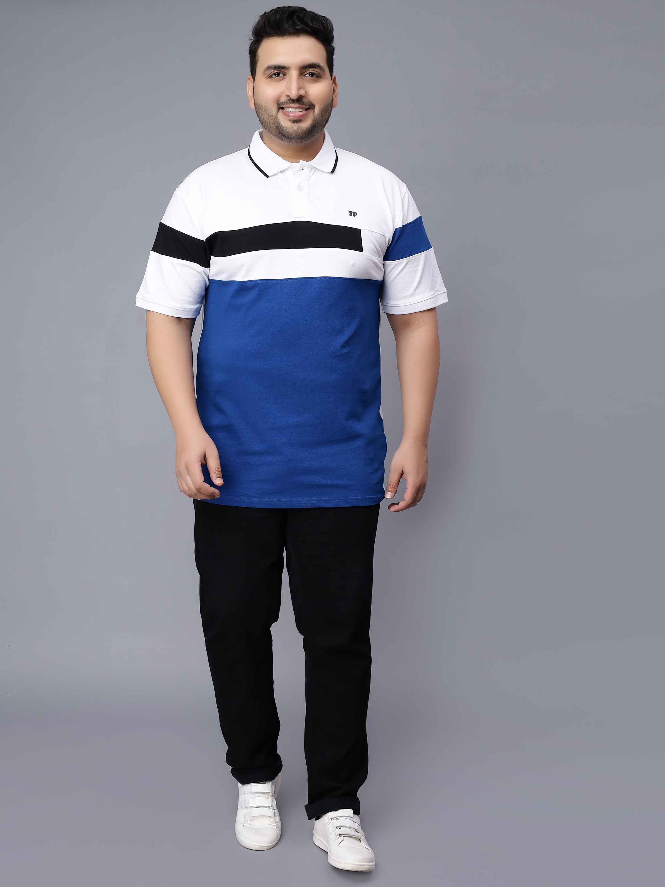 White with Royal Blue Striped Plus Size Polo T-shirt - Image 4