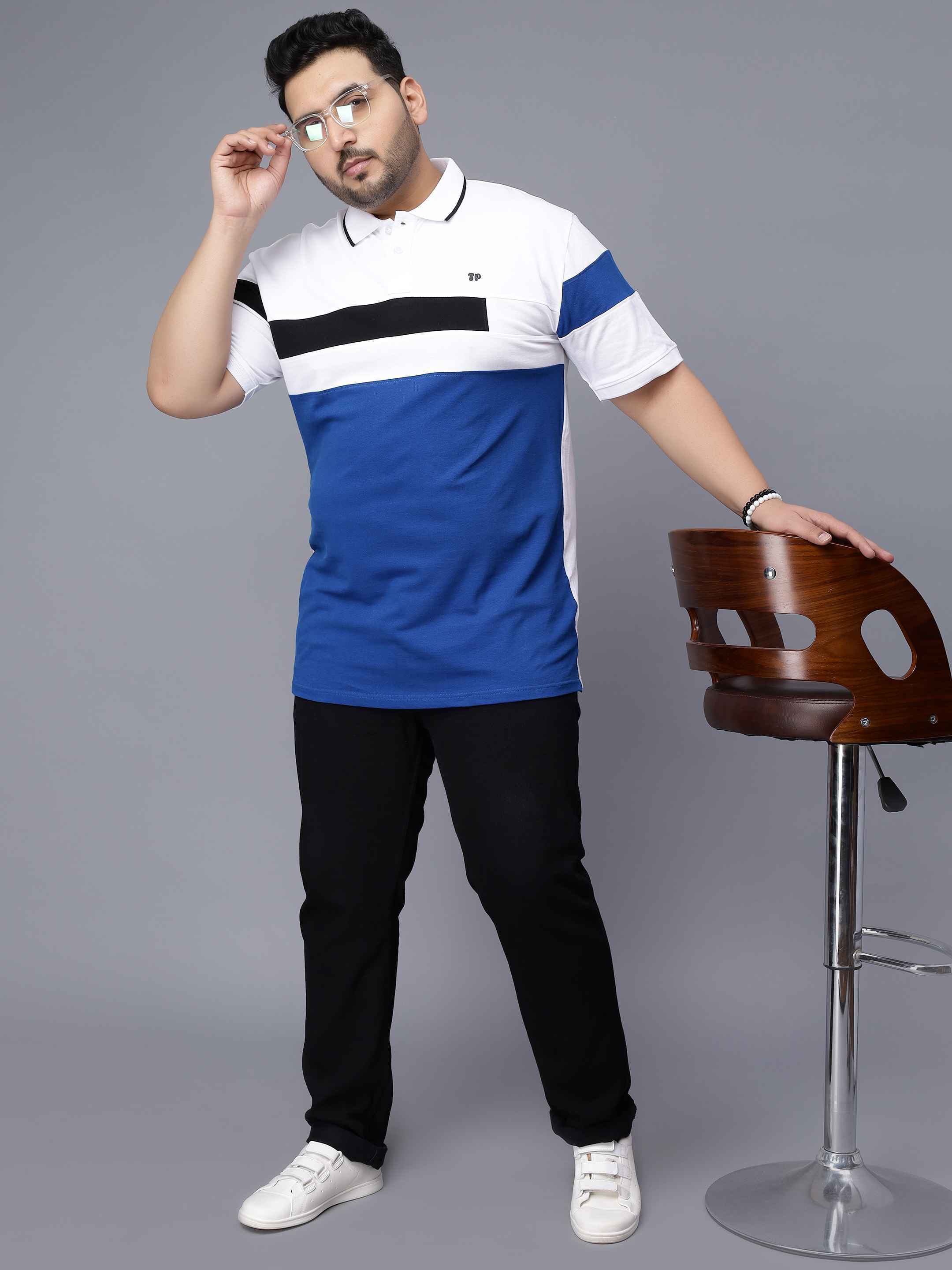 White with Royal Blue Striped Plus Size Polo T-shirt - Image 6