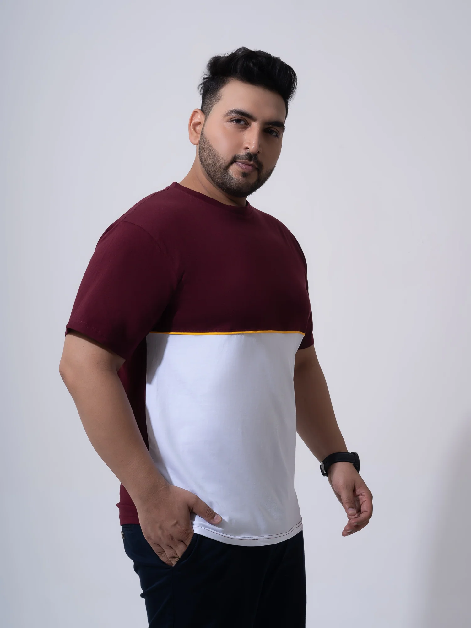 Wine with white yellow colourblock plus size t-shirt - Image 5