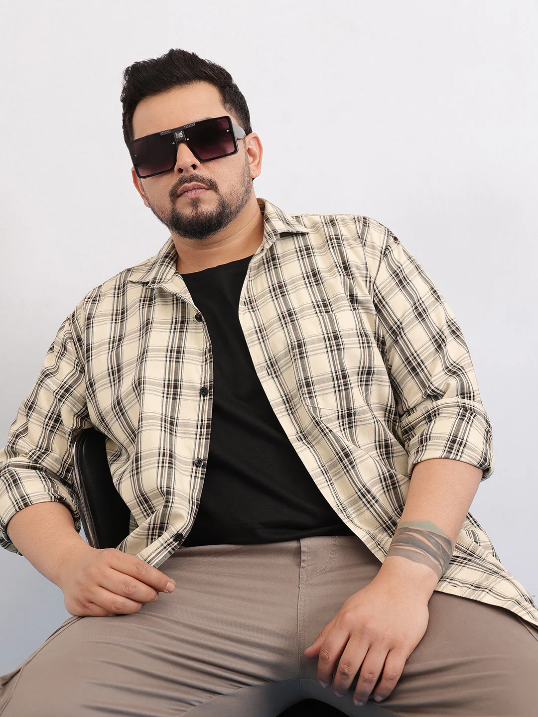 Yellow Brown Plus Size Check Shirt - Image 3
