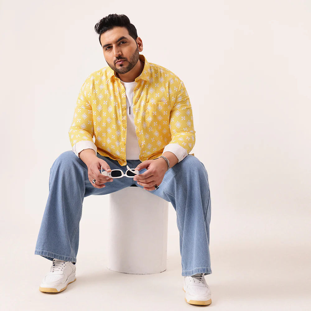 Yellow Digital Floral Print Satin Cotton Shirt - Image 2