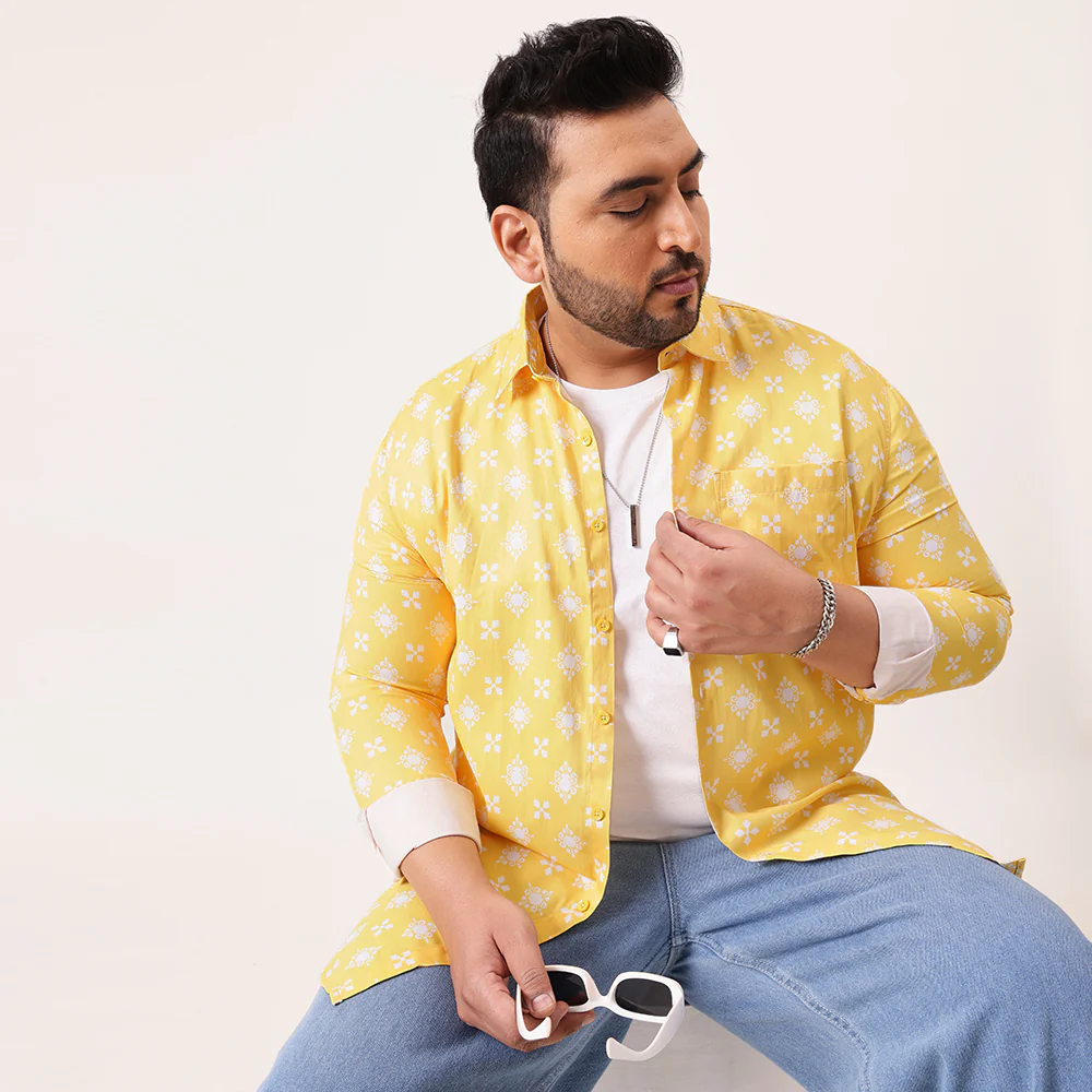 Yellow Digital Floral Print Satin Cotton Shirt - Image 3