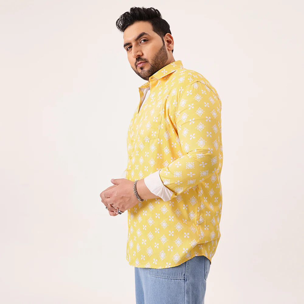 Yellow Digital Floral Print Satin Cotton Shirt - Image 4