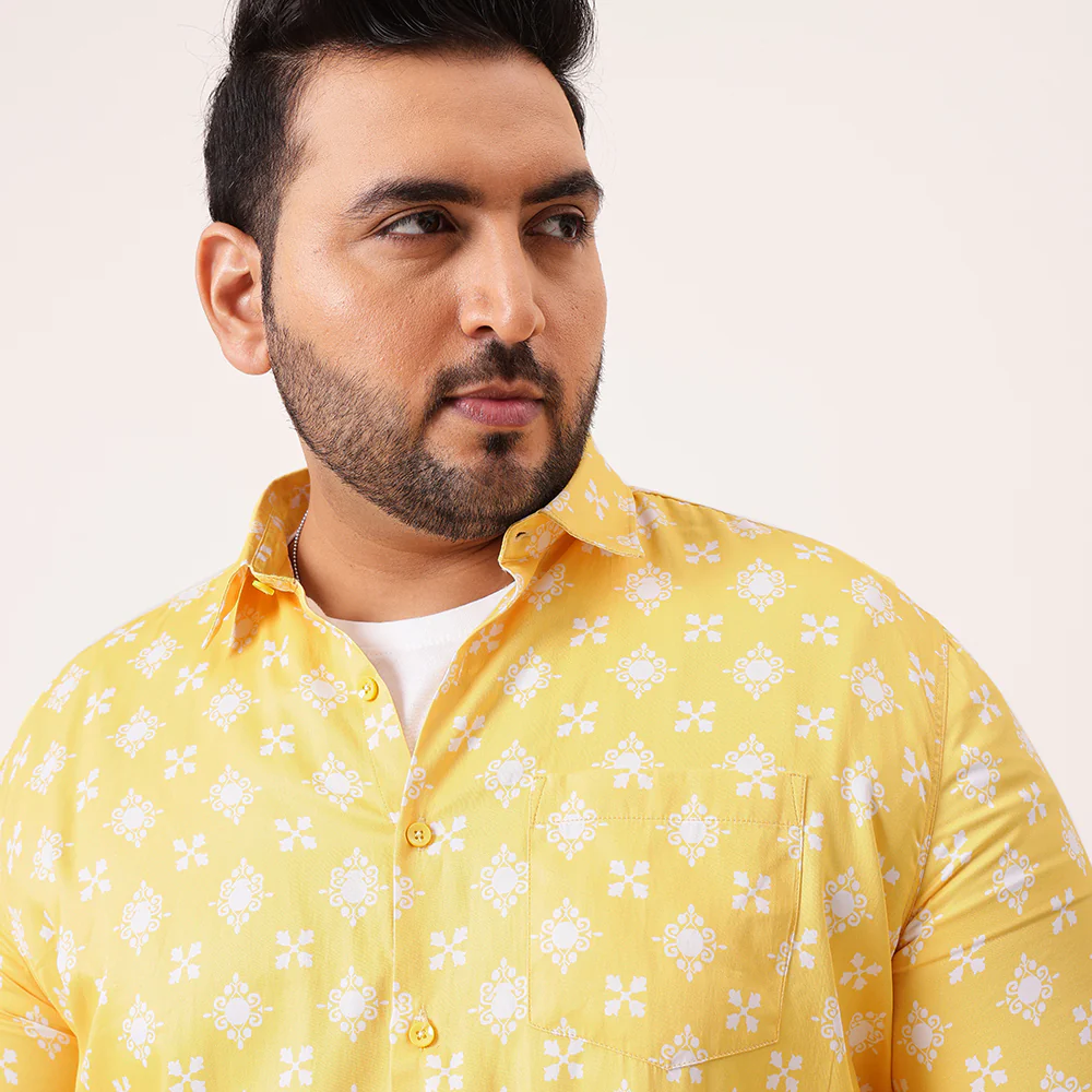 Yellow Digital Floral Print Satin Cotton Shirt - Image 5