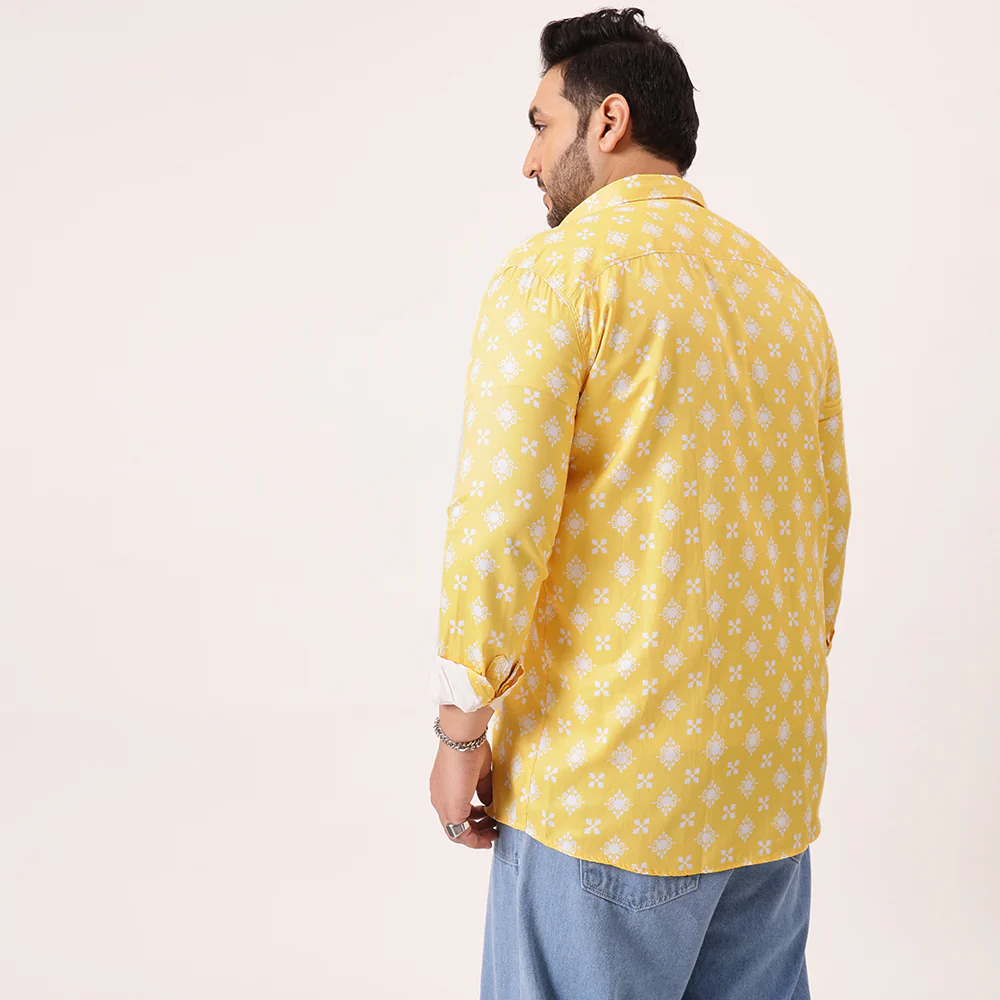 Yellow Digital Floral Print Satin Cotton Shirt - Image 6