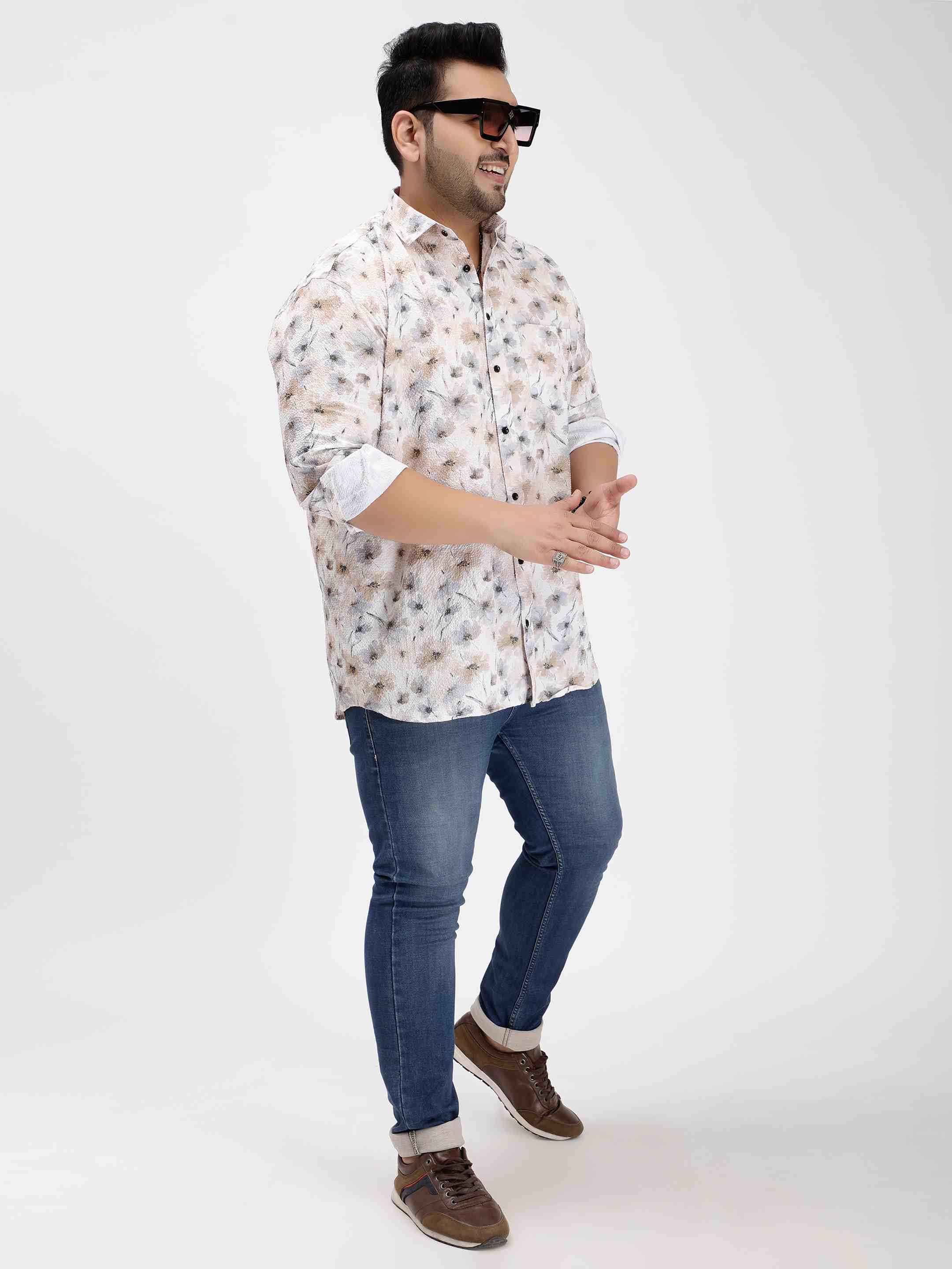 Off White Floral Digital Print Textured Shirt - Image 3