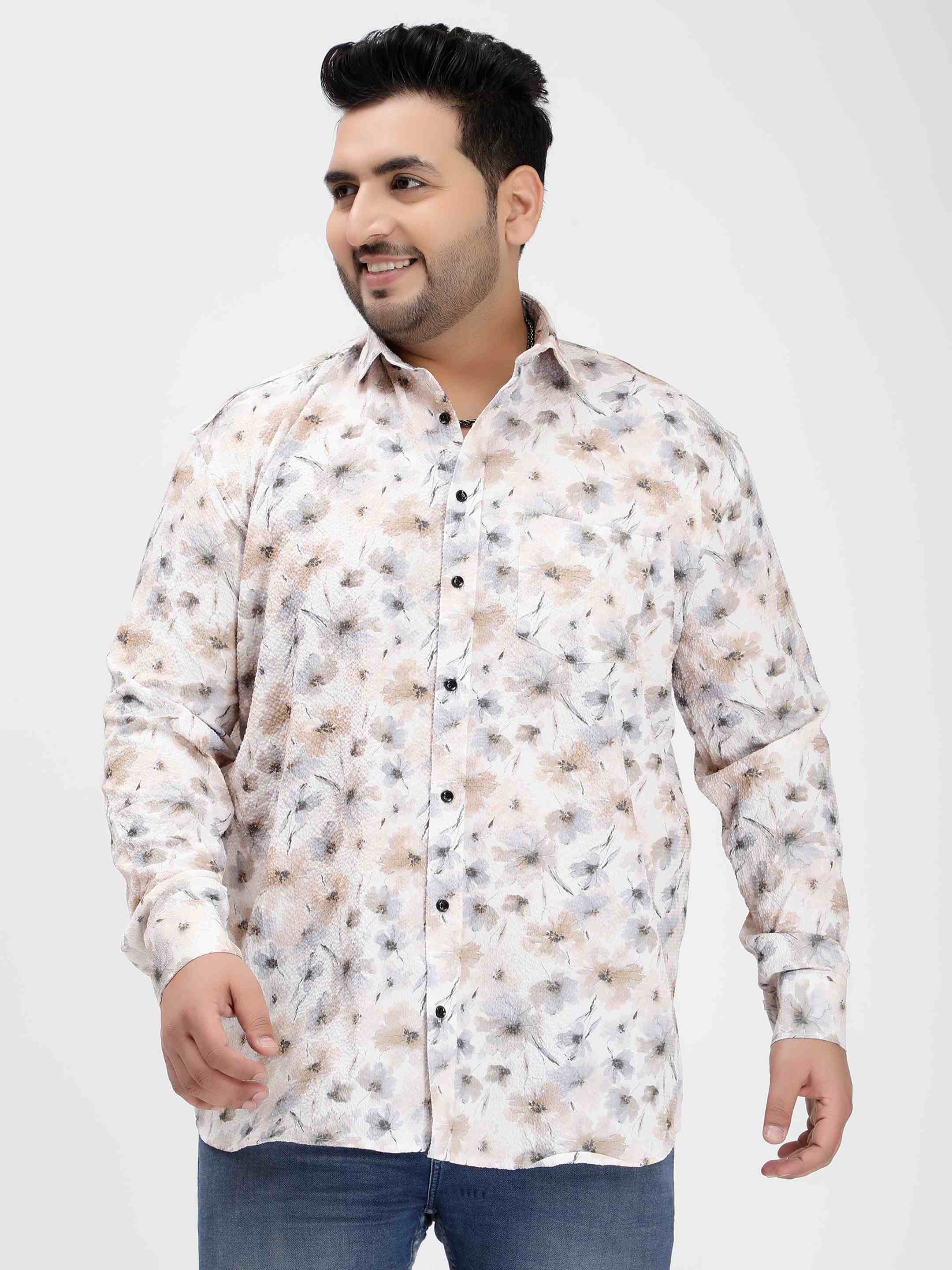 Off White Floral Digital Print Textured Shirt - Image 4