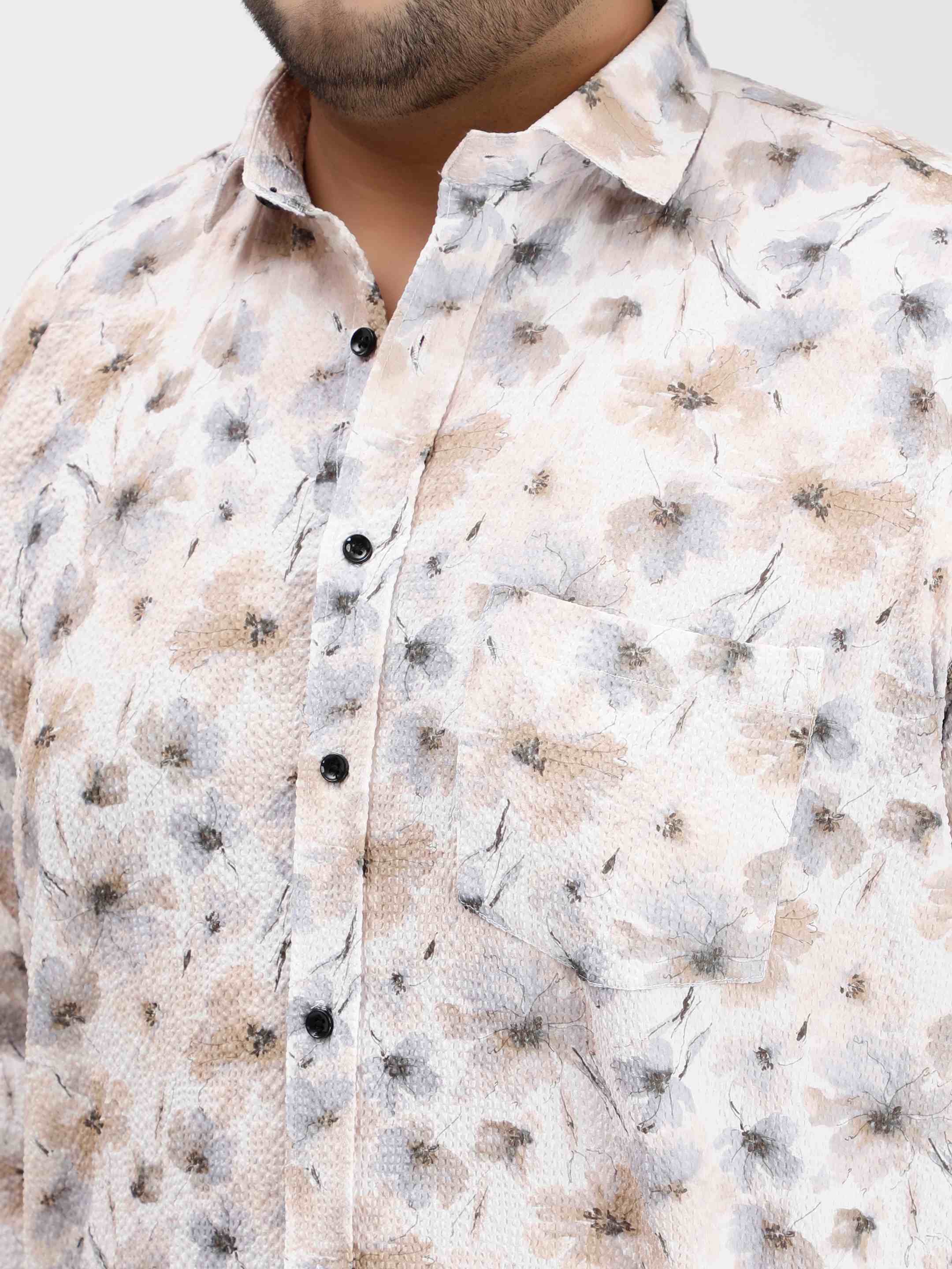 Off White Floral Digital Print Textured Shirt - Image 5