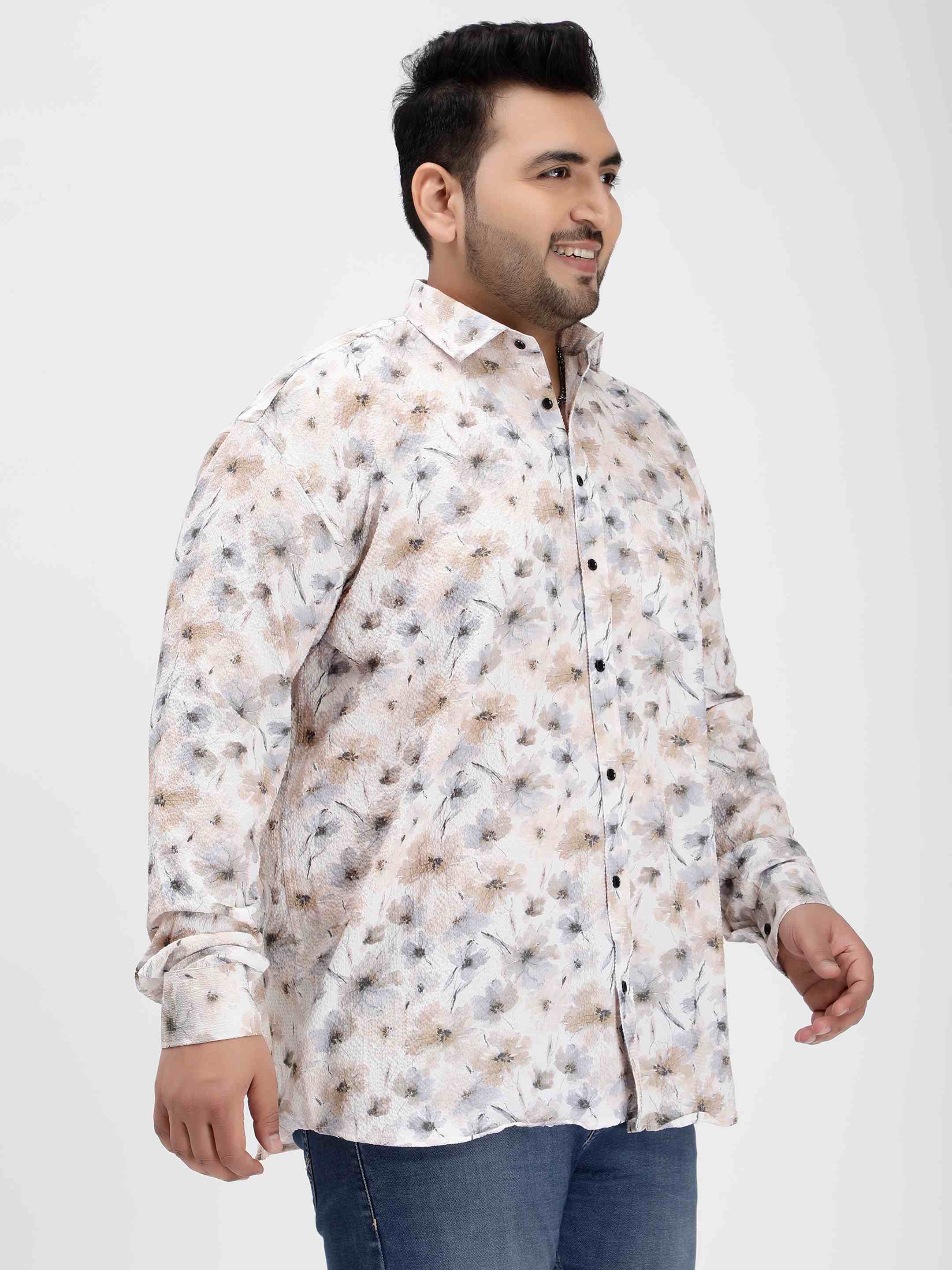 Off White Floral Digital Print Textured Shirt - Image 6