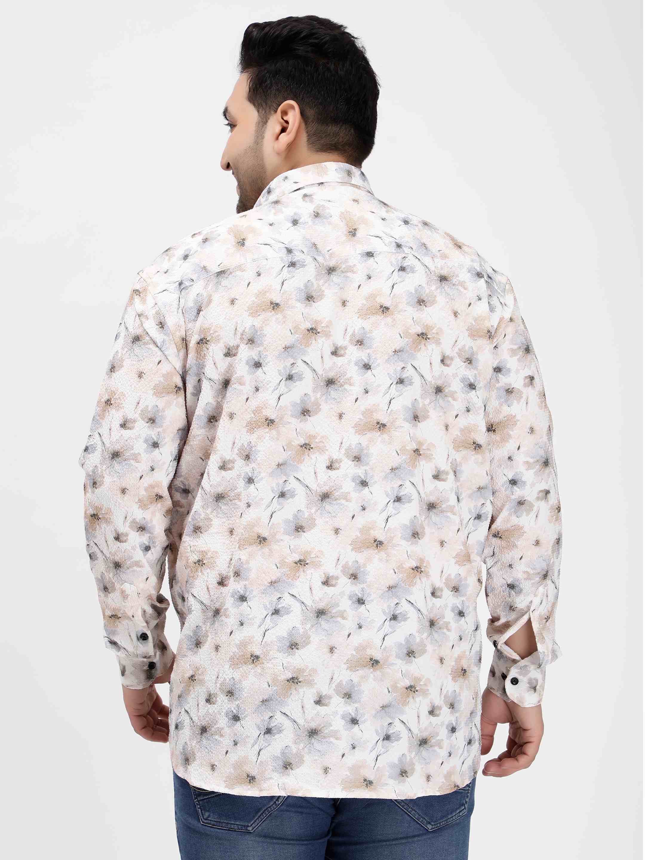 Off White Floral Digital Print Textured Shirt - Image 7