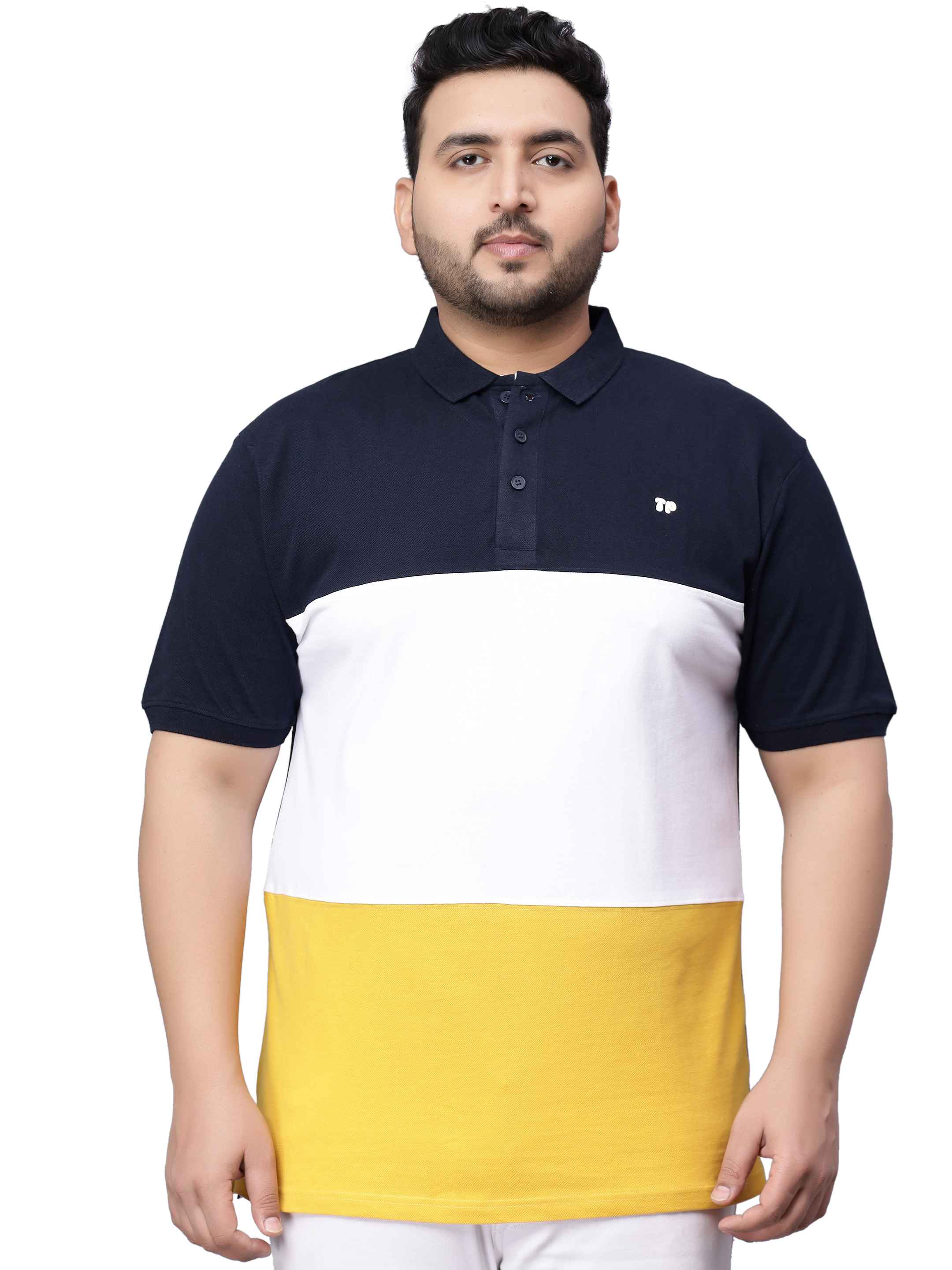 Yellow Triple Striped Plus Size Polo T-shirt-3XL - Image 3