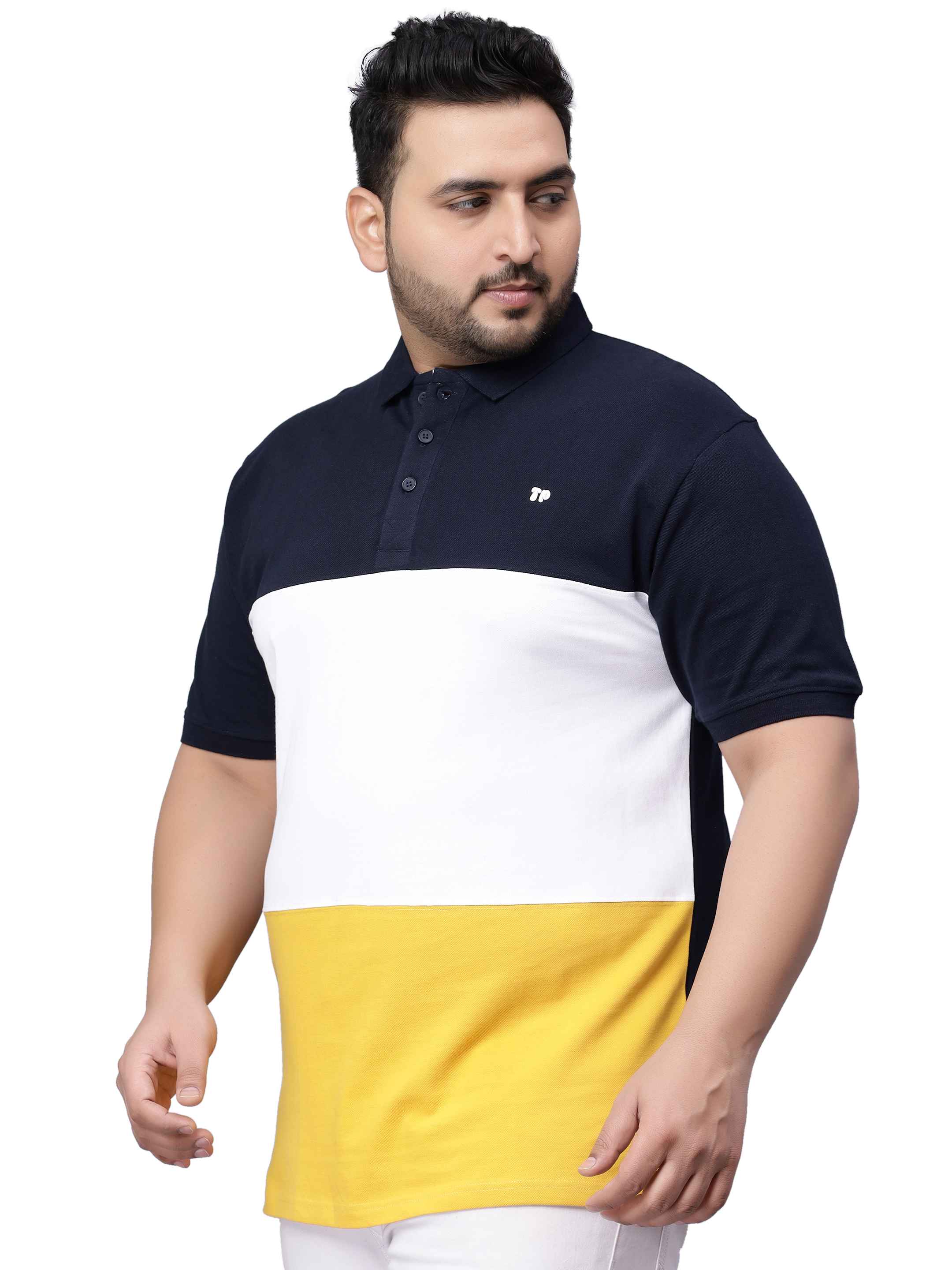 Yellow Triple Striped Plus Size Polo T-shirt-3XL - Image 4