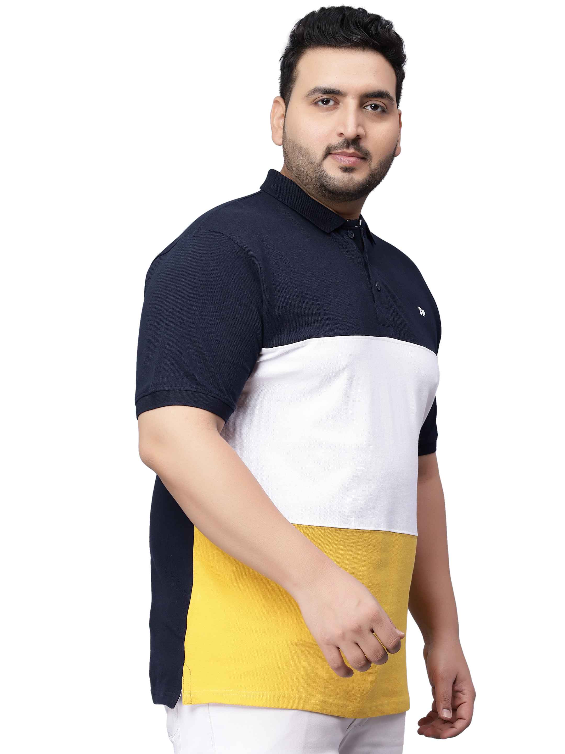 Yellow Triple Striped Plus Size Polo T-shirt-3XL - Image 6