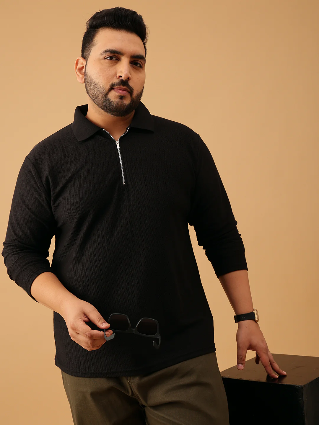 Zipper Premium Textured Full Sleeve Polo T-shirt - Image 4
