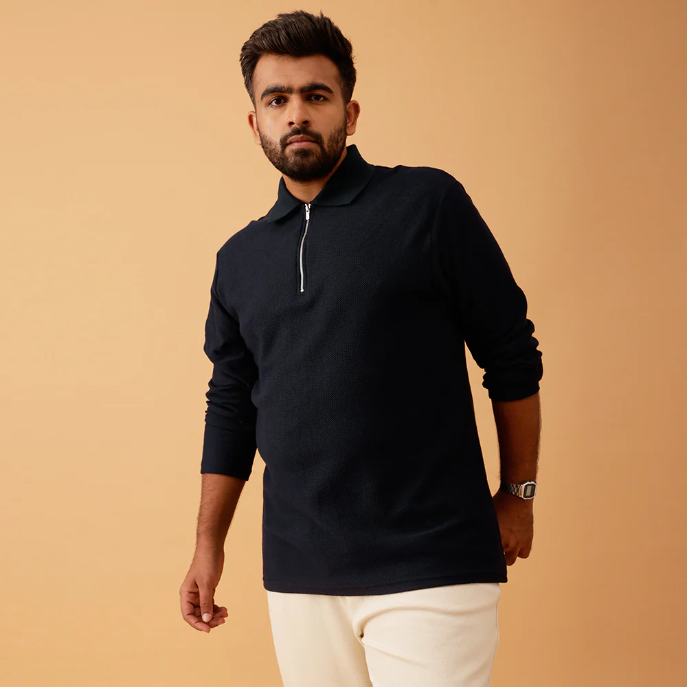 Zipper Premium Textured Full Sleeve Polo T-shirt - Image 7